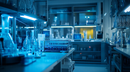 Obraz premium Bright laboratory filled with glassware and scientific equipment at night