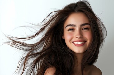 Fototapeta premium A happy young woman with flowing hair smiling joyfully against a light background, radiating positivity and confidence.