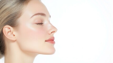 Naklejka premium A serene woman in profile with a natural glow, showcasing beauty and tranquility against a soft white background.