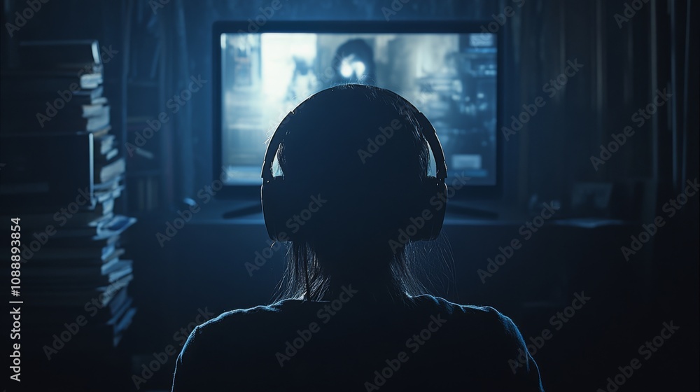 Poster a person in a dimly lit room sits in front of a large screen watching a video game. they are wearing