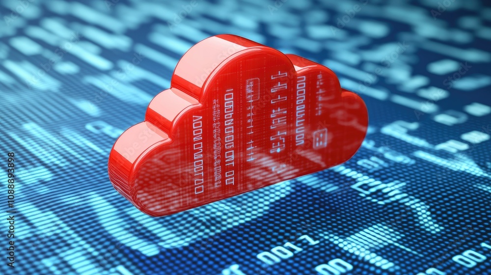 Poster digital illustration of red cloud icon over blue binary code, highlighting modern tech and cloud sto