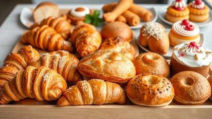 Freshly baked pastry assortment featuring croissants, buns, and cakes with delicious chicken