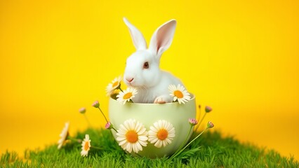 Playful funny Easter bunny on yellow background.