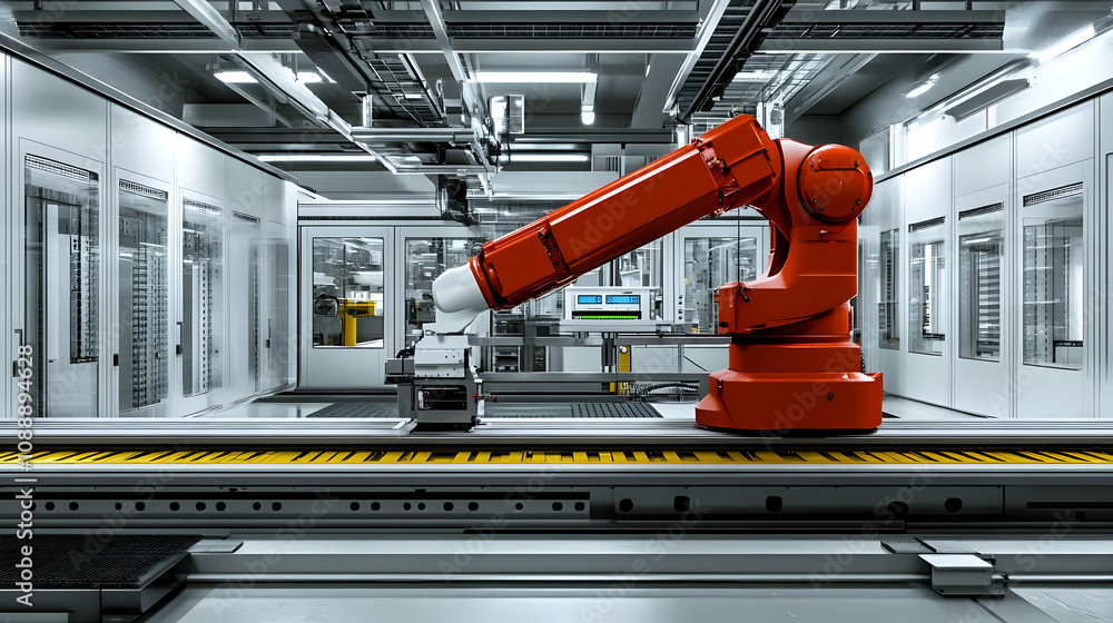 Poster a red robotic arm in a modern factory setting, operating a conveyor belt system with precision