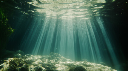 Sunlight Penetrating the Clear Waters Over Submerged Rocks