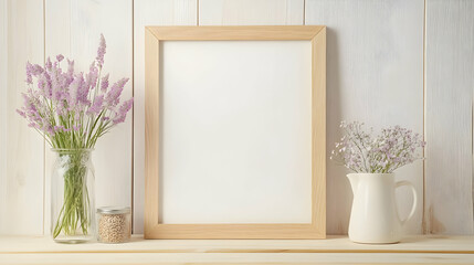 A Simple Wooden Frame with Empty Space Surrounded by Delicate Flowers in Glass Vases on a White Plank Wall