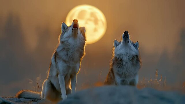 a pair of wolves howling at the moon