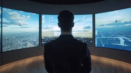 Man viewing flight data on screens.