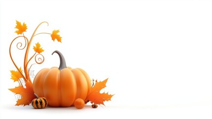 A charming pumpkin clipart with a twisty stem and leaves, perfect for adding a festive touch to Halloween decorations.