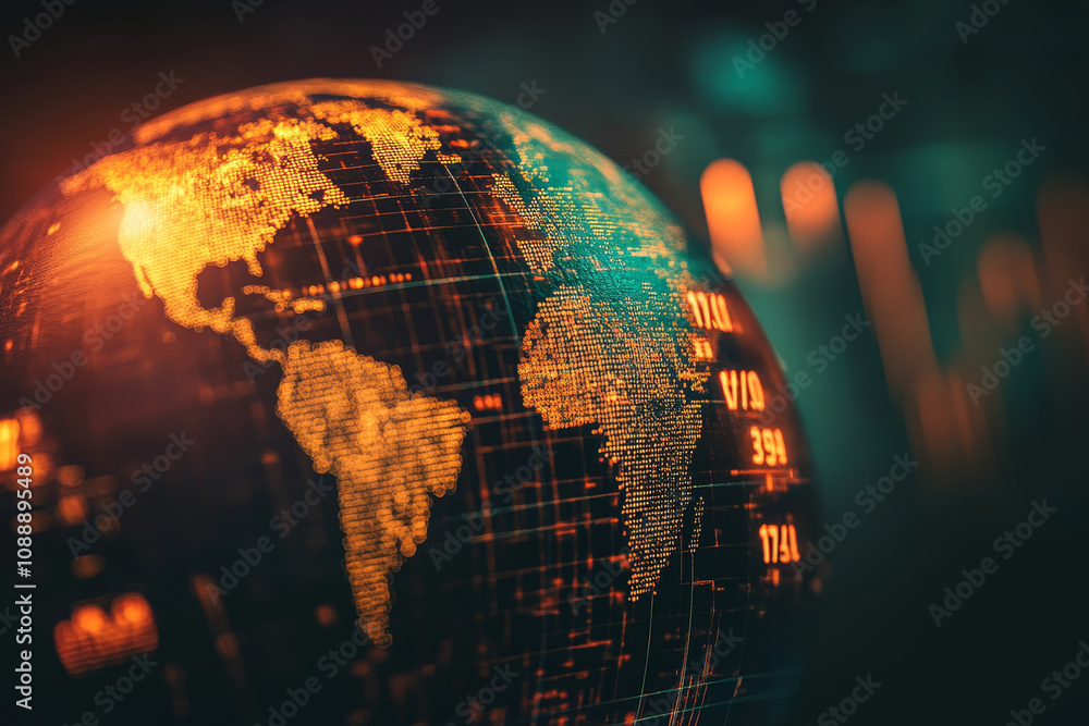 Aufkleber close up of globe showcasing trade statistics with glowing data points, emphasizing global connectio