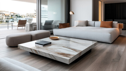 Fototapeta premium Modern living room with spacious gray sectional sofa, marble coffee table, and large windows with a view of contemporary architecture on a balcony.
