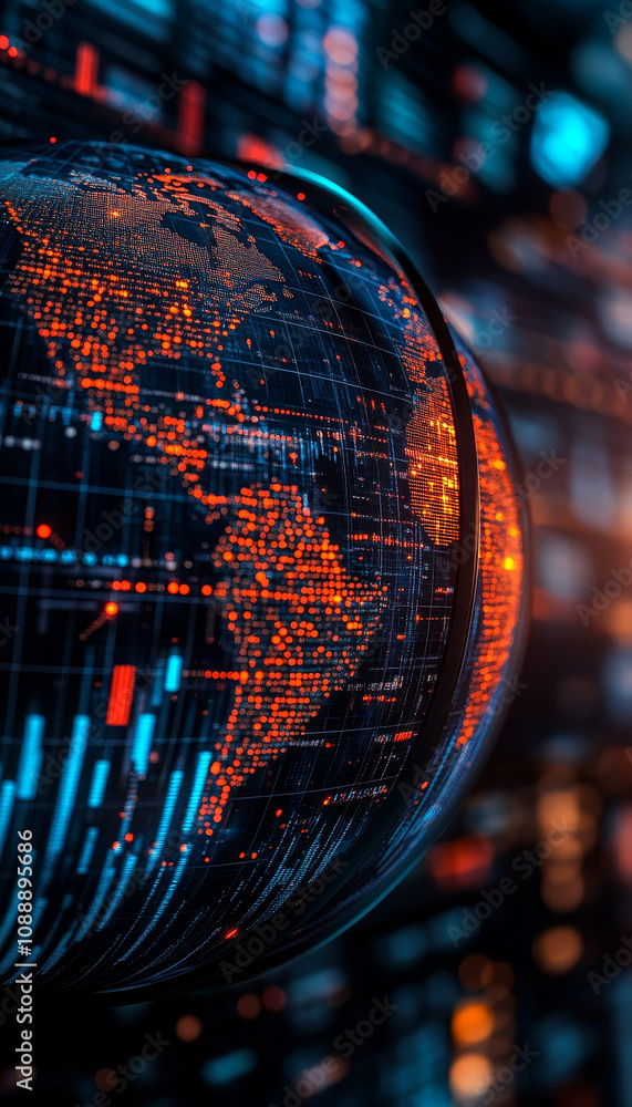 Poster close up of globe displaying vibrant trade statistics and data visualizations, highlighting global c