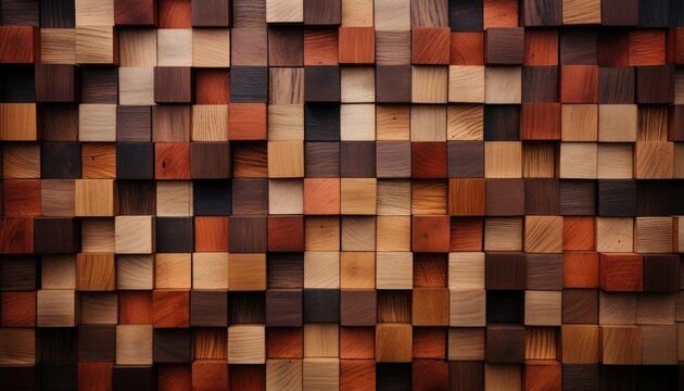 Close-up of a wooden block wall with a diagonal pattern. The blocks are brown and black, and the wall has a dark brown border.
