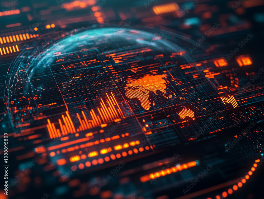 Poster close up view of digital globe showcasing trade statistics with vibrant orange and blue colors, repr