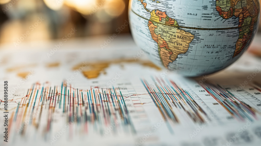 Poster close up of globe highlighting trade statistics with colorful graphs and charts. this captures essen
