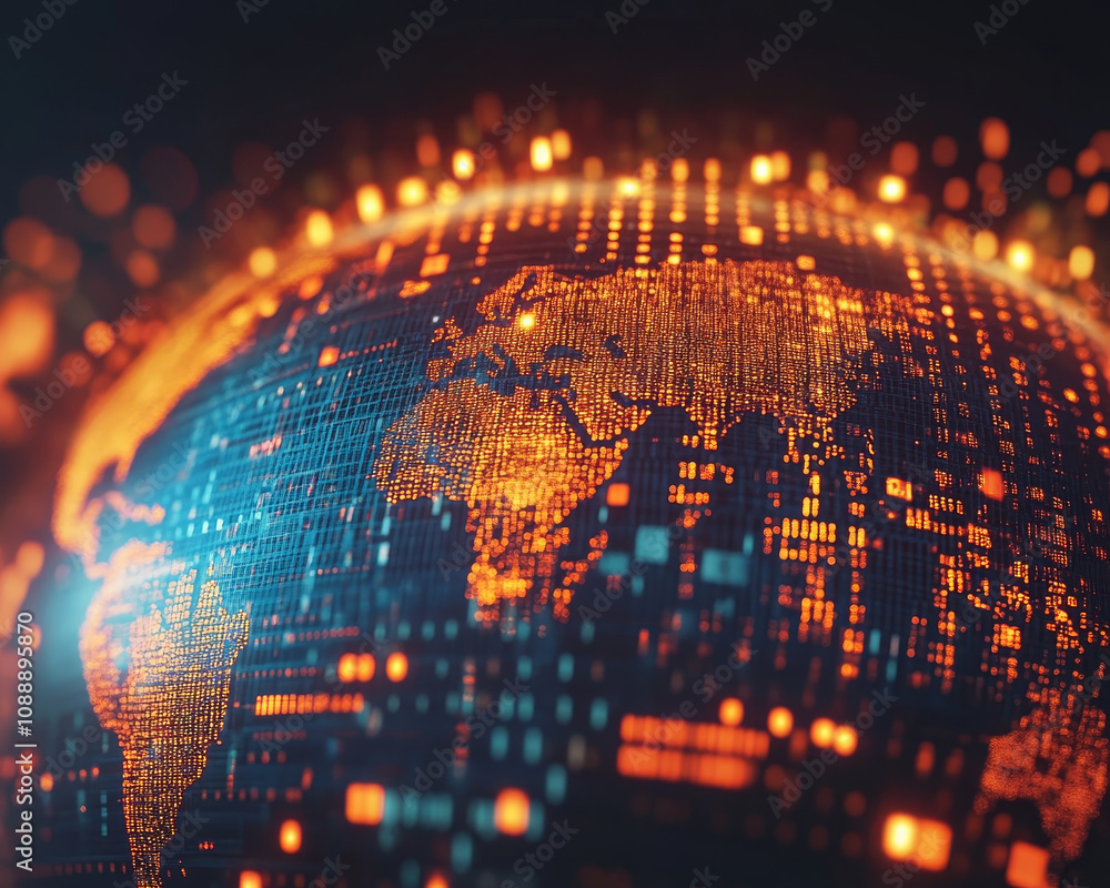 Poster close up of globe showcasing trade statistics with glowing data points, representing global connecti