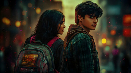 A Young Couple Walks Through a City at Night with a Glowing Abstract Background