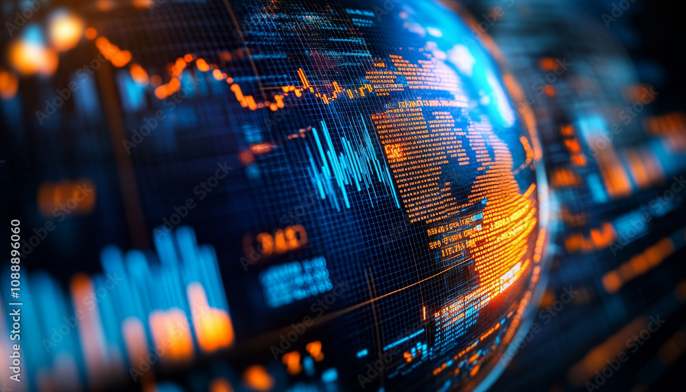 Poster close up of globe displaying trade statistics and data visualizations, showcasing global economic trends and market analysis. vibrant colors and intricate details create dynamic representation of