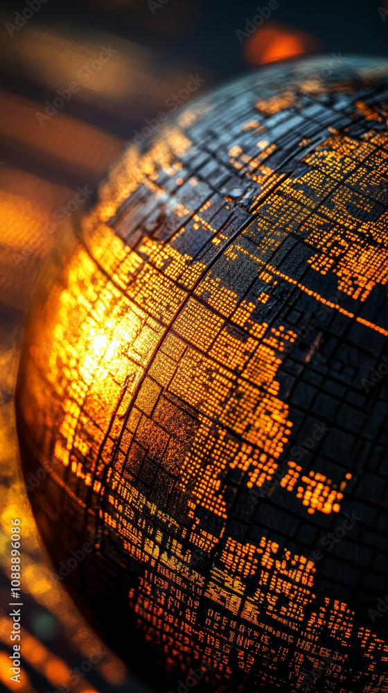 Poster close up of globe showcasing trade statistics with warm glow, symbolizing global commerce and interc