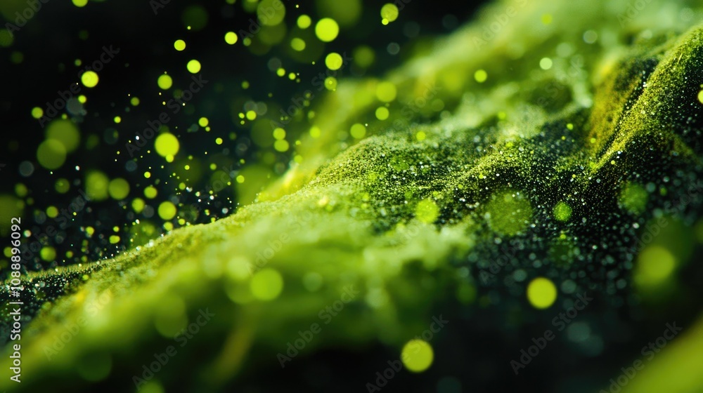 Poster green bokeh flares on black background, creating a calming, abstract look for use in overlays and sc