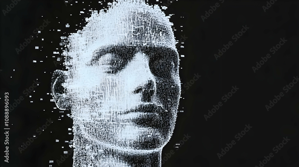 Poster abstract 3d digital human face composed of white pixels on a black background, disintegrating and re