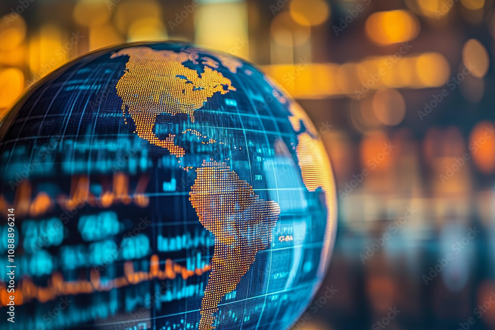 Aufkleber close up of globe showcasing trade statistics and data visualization, highlighting global connection