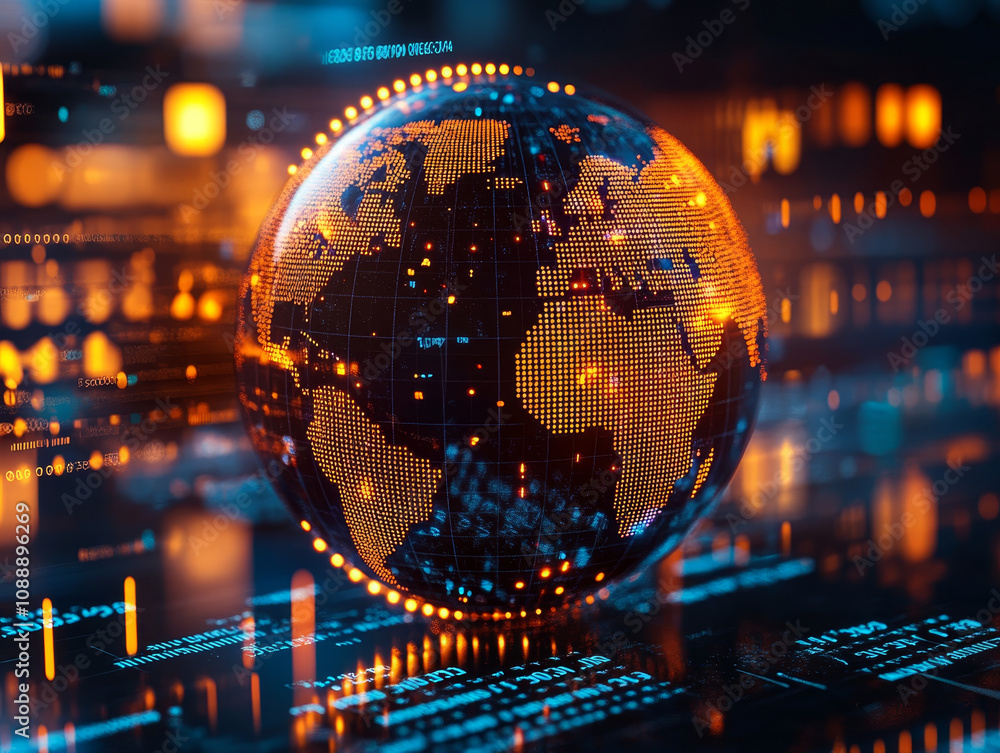 Poster close up of glowing globe representing global data and statistics, showcasing interconnectedness and