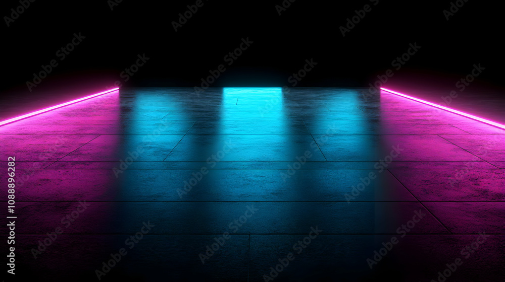 Poster abstract 3d rendering of a dark floor with bright neon lights reflecting on its surface