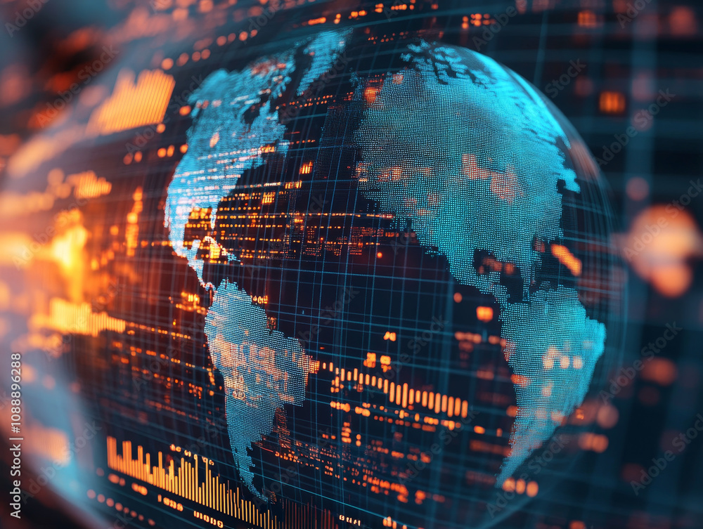 Poster close up of globe displaying trade statistics and data visualizations, showcasing global connections