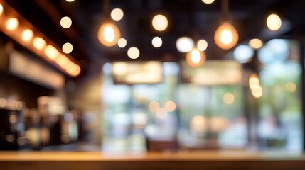 Blurred interior of a cafe with warm lighting and a cozy atmosphere.