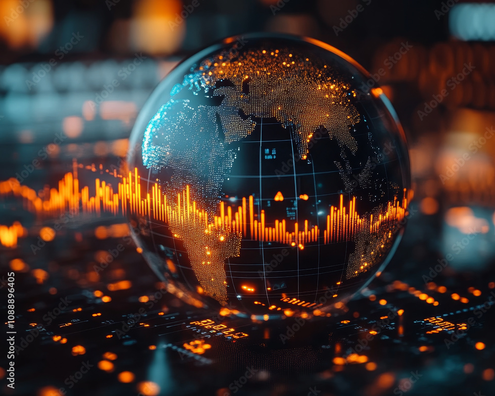 Poster close up of globe displaying trade statistics with glowing data visualizations. intricate details hi