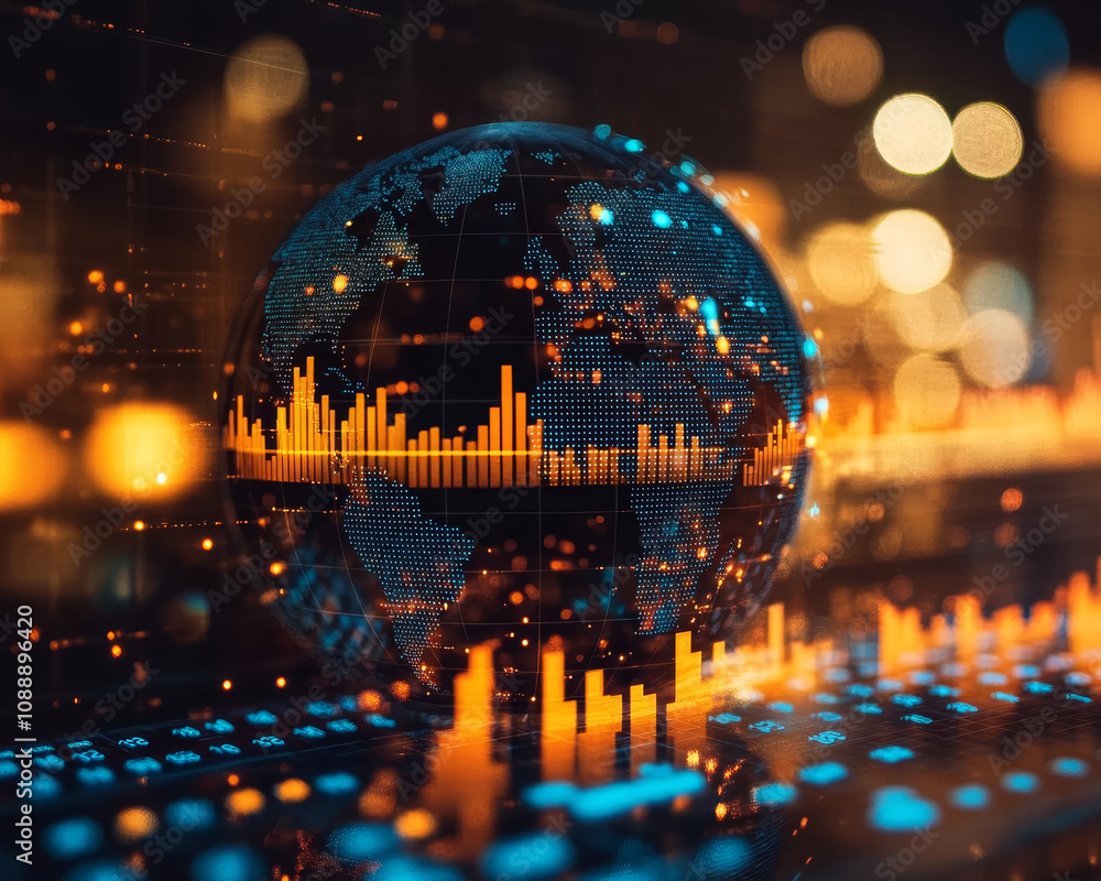 Poster close up of globe displaying trade statistics with vibrant data visualizations, showcasing global co