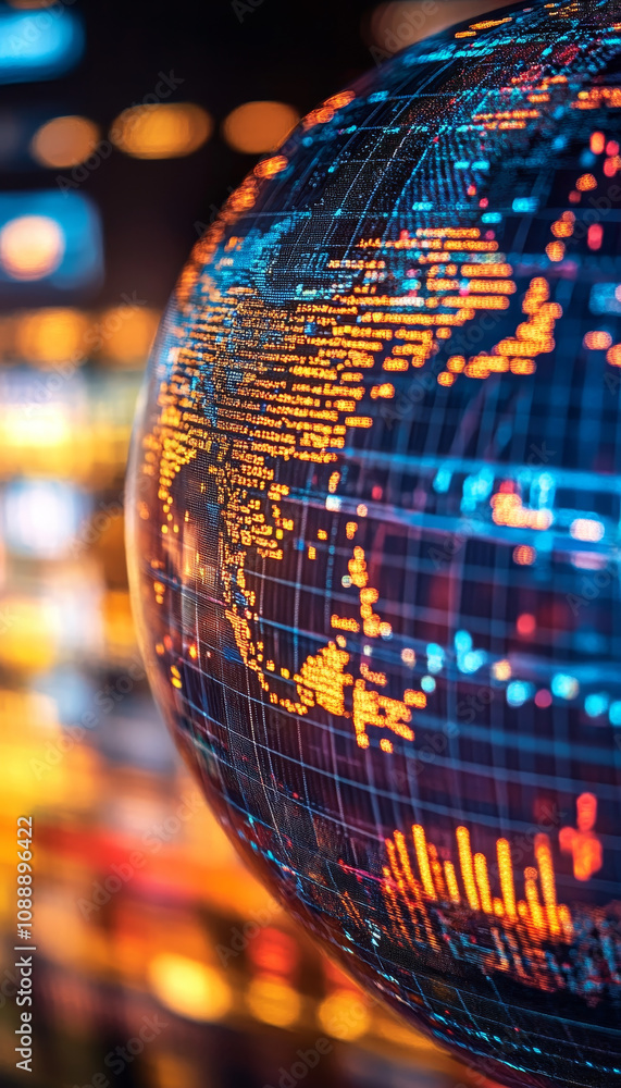 Aufkleber close up of globe displaying trade statistics with vibrant colors and intricate details, highlightin