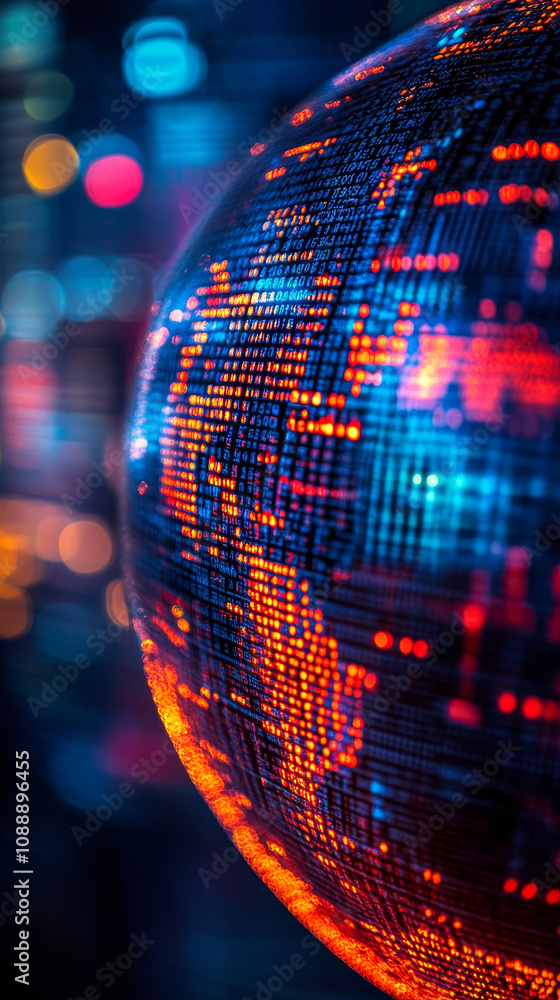 Poster close up of globe displaying vibrant trade statistics and data visualizations, showcasing global con