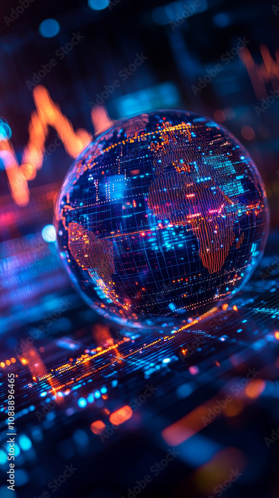 Poster close up of globe displaying vibrant trade statistics and data visualizations, highlighting global c
