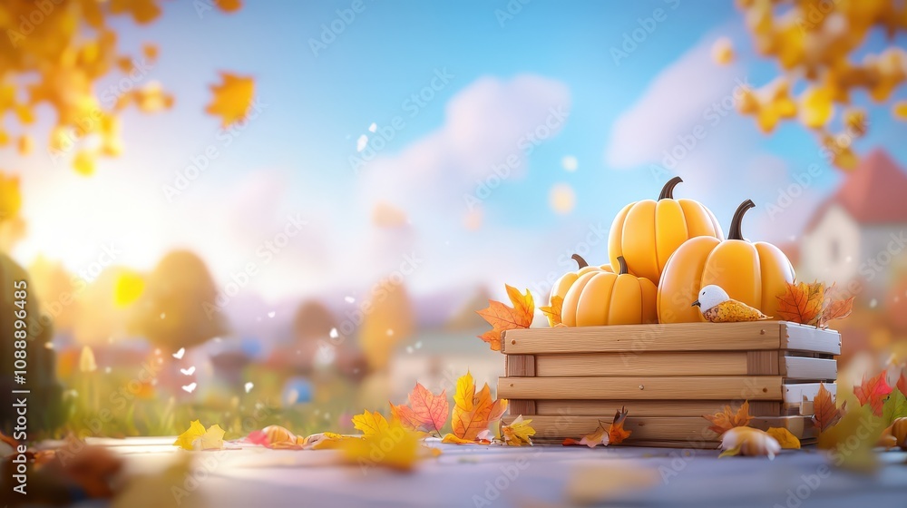 Wall mural A cozy farmyard scene of stacked pumpkins and squashes in wooden crates, surrounded by autumn leaves in a vibrant outdoor setting.