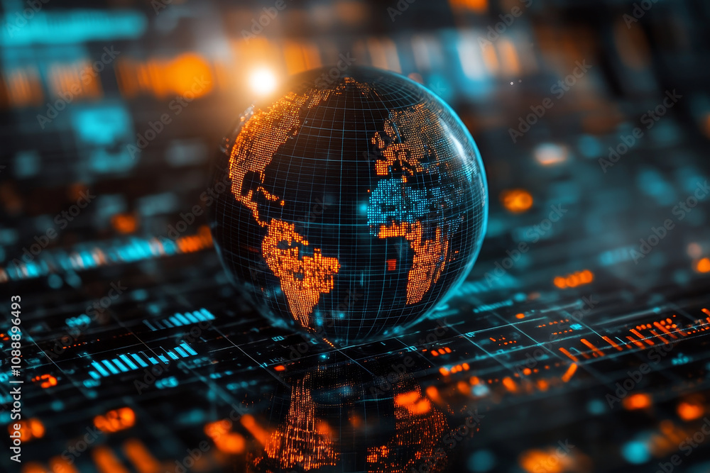 Poster close up of globe displaying trade statistics with vibrant colors and digital elements, symbolizing 