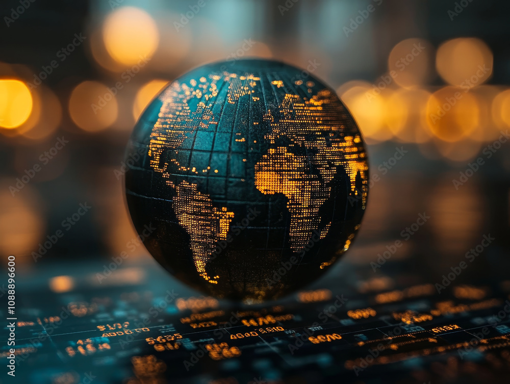 Poster close up of globe displaying trade statistics with illuminated continents, symbolizing global commer