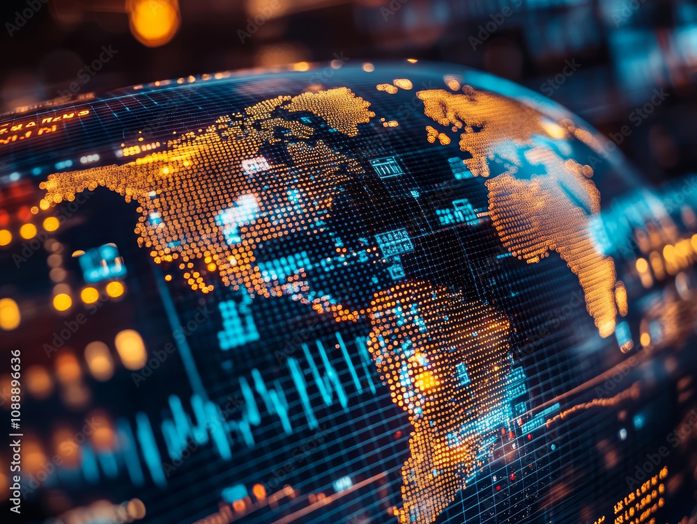 Poster close up of globe displaying vibrant trade statistics and data visualizations, highlighting global c