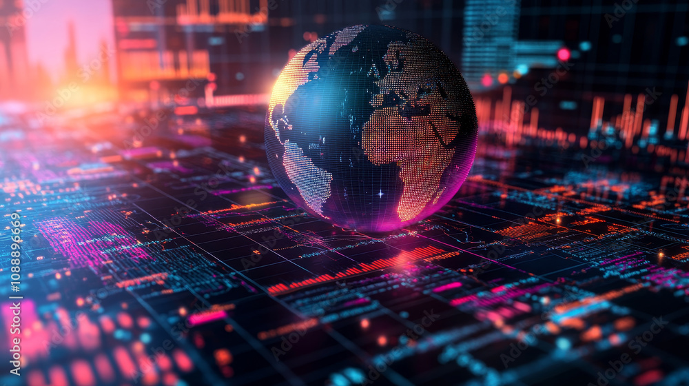 Poster close up of globe representing global trade statistics, surrounded by vibrant digital data visualiza