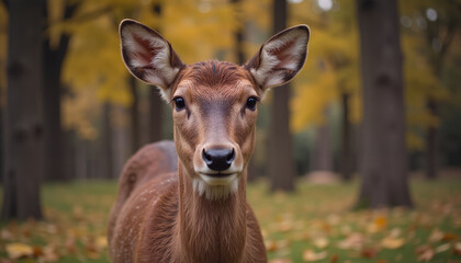 Young deer looking at the camera in close-up in the forest