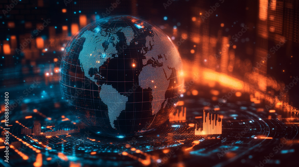 Poster close up of globe showcasing global trade statistics, illuminated by vibrant data visualizations. im