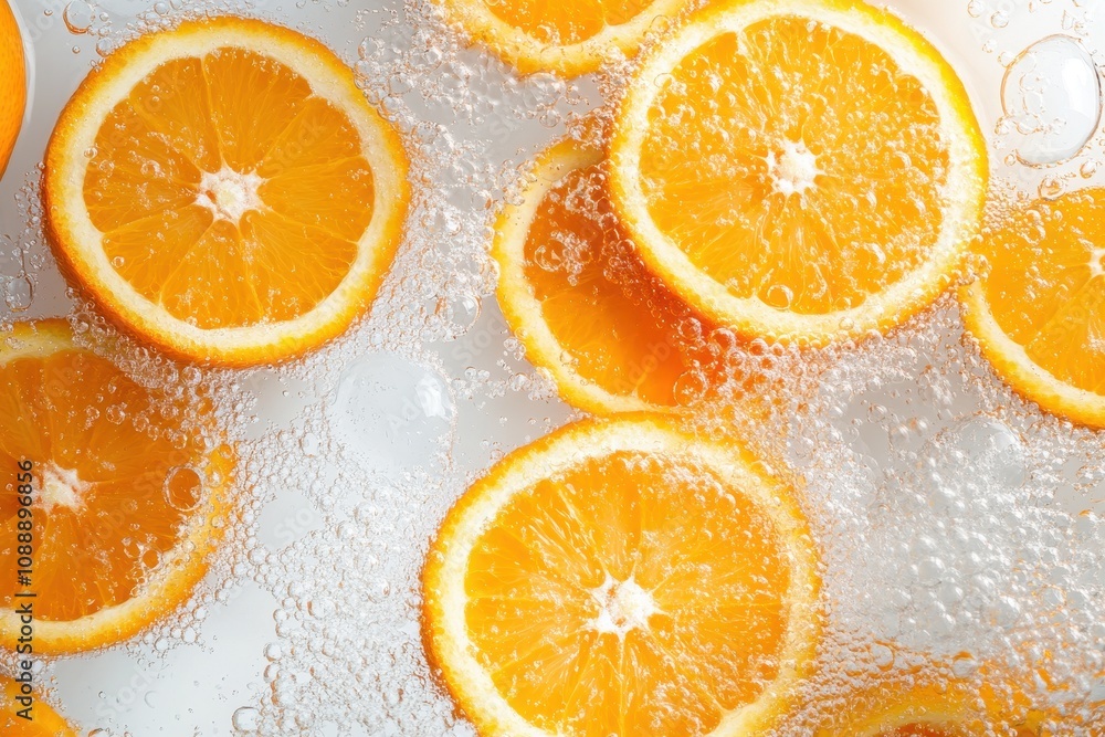 Poster fresh orange slices submerged in bubbly water, creating a refreshing and vibrant scene.