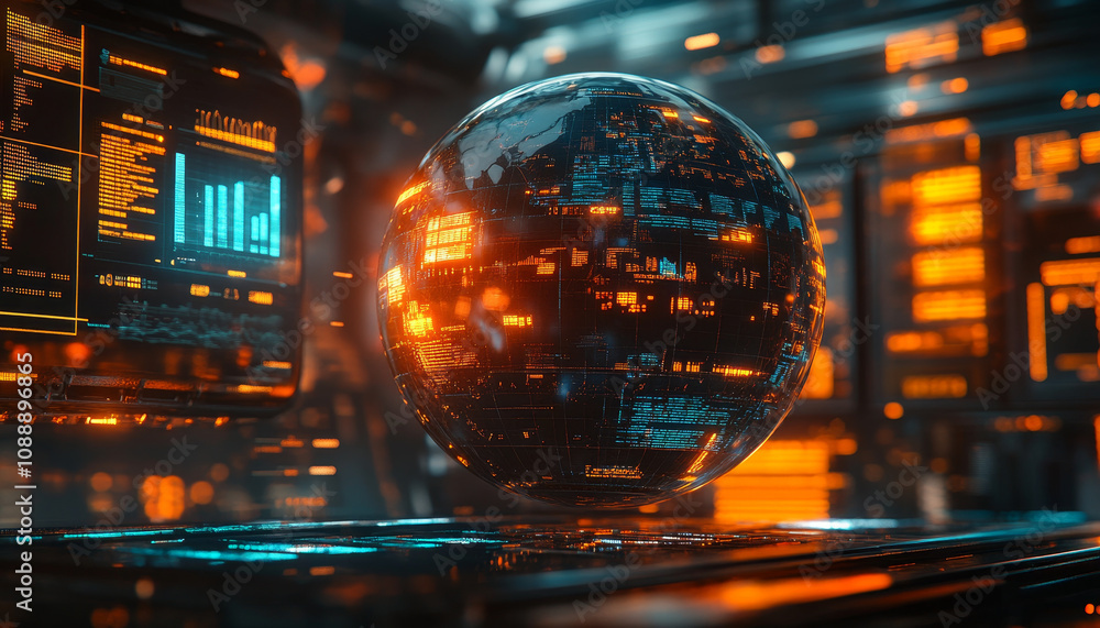 Poster futuristic globe displaying trade statistics and data analytics, surrounded by glowing screens and d