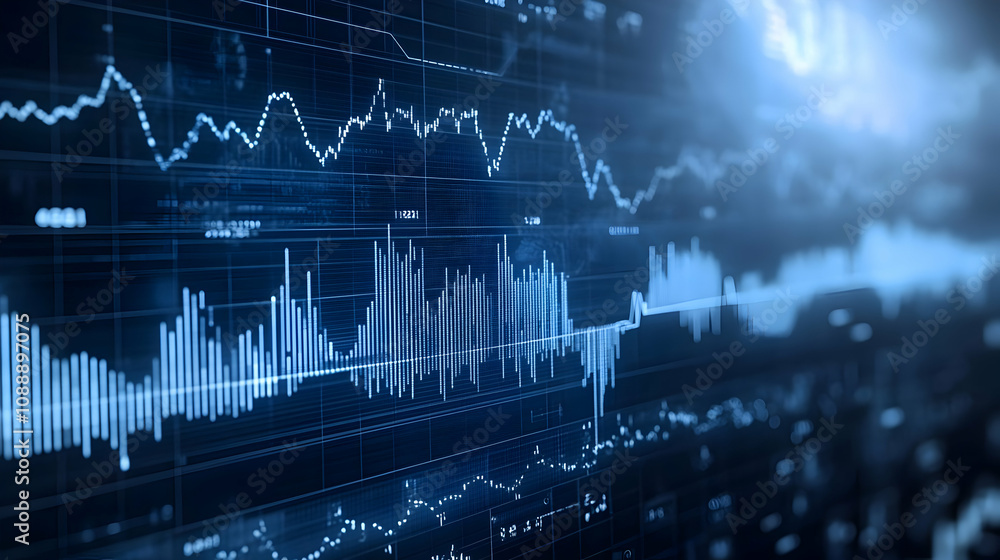 Poster abstract digital blue screen with lines and data showing stock market trends and fluctuations in a t