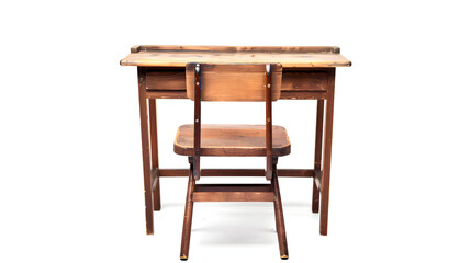 wooden school desk and chair isolated on white with a white accent, png