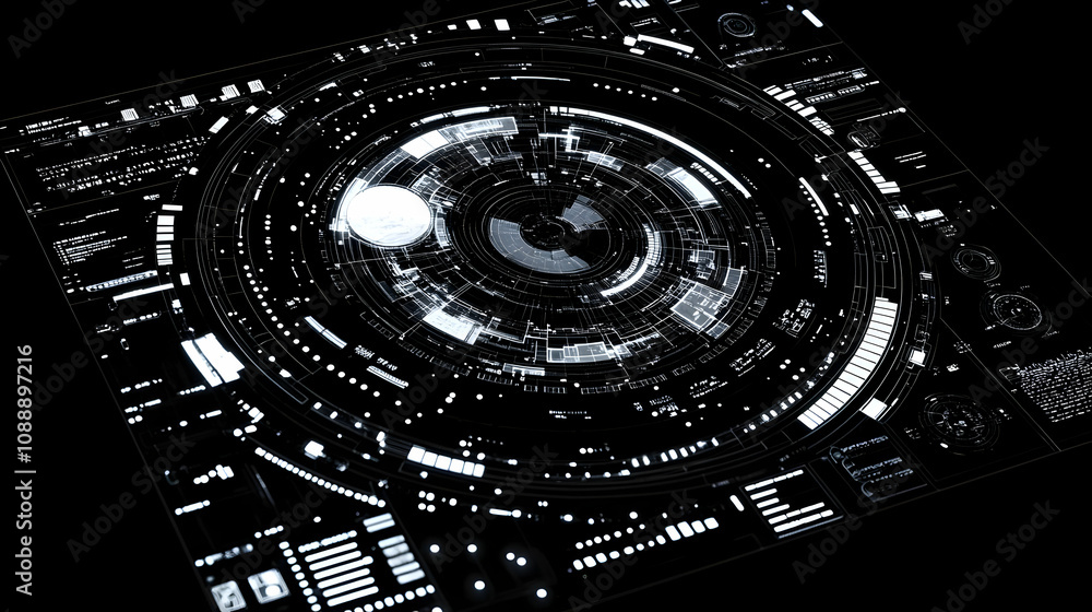 Poster abstract futuristic sci-fi interface with glowing white lines and circles on a black background, a f