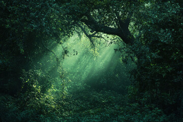 Obraz premium Sunlight streams through dense foliage, illuminating a serene forest scene with lush greenery and a tranquil atmosphere.