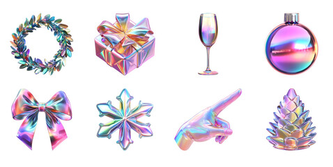 Abstract iridescent colored festive christmas icons. Holographic neon foil design elements