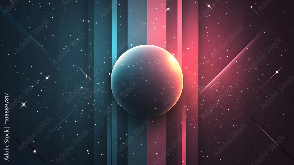 Wall mural abstract space background with a glowing planet and striped lines